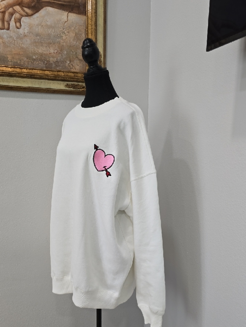 Forever 21 White Sweatshirt with Pink Heart & Arrow Patch